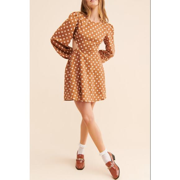 Charlie Holiday Dresses & Skirts - Charlie Holiday Halcyon Polka Dot Open Back Mini Dress Brown Linen Blend Size 10